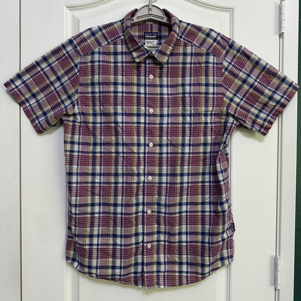 Patagonia Plaid Short Sleeve Button Down Shirt L Organic Cotton Purple Gorpcore